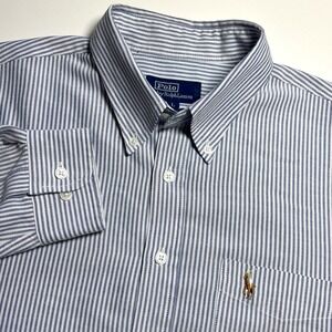 Polo Ralph Lauren Vintage Blue White Striped Men L Button Down Shirt Logo Pocket